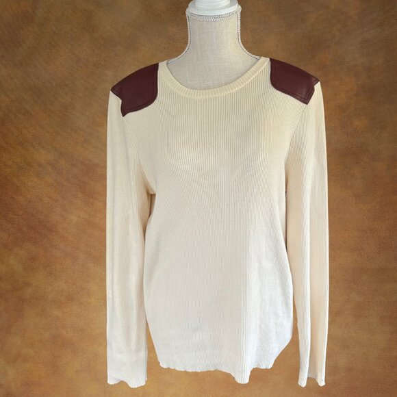 Ralph Lauren Jeans Co Cream Ribbed Sweater XL Leather Equestrian Style Classic - Picture 1 of 7